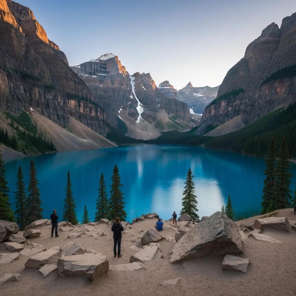 Sunrise at Moraine Lake with vibrant blue waters and granite peaks in soft morning light