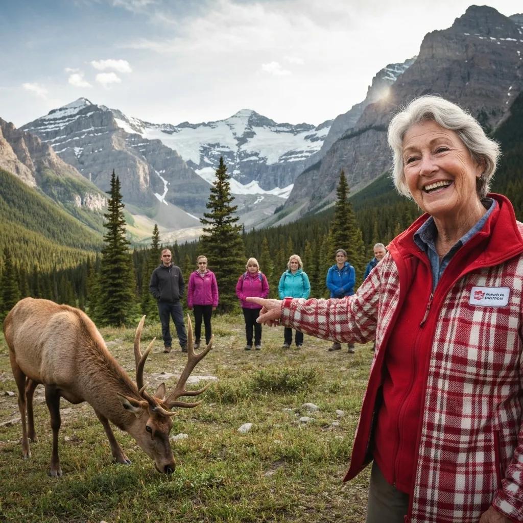 Tour guide leading a wildlife tour in Banff National Park with tourists observing elk in the background
